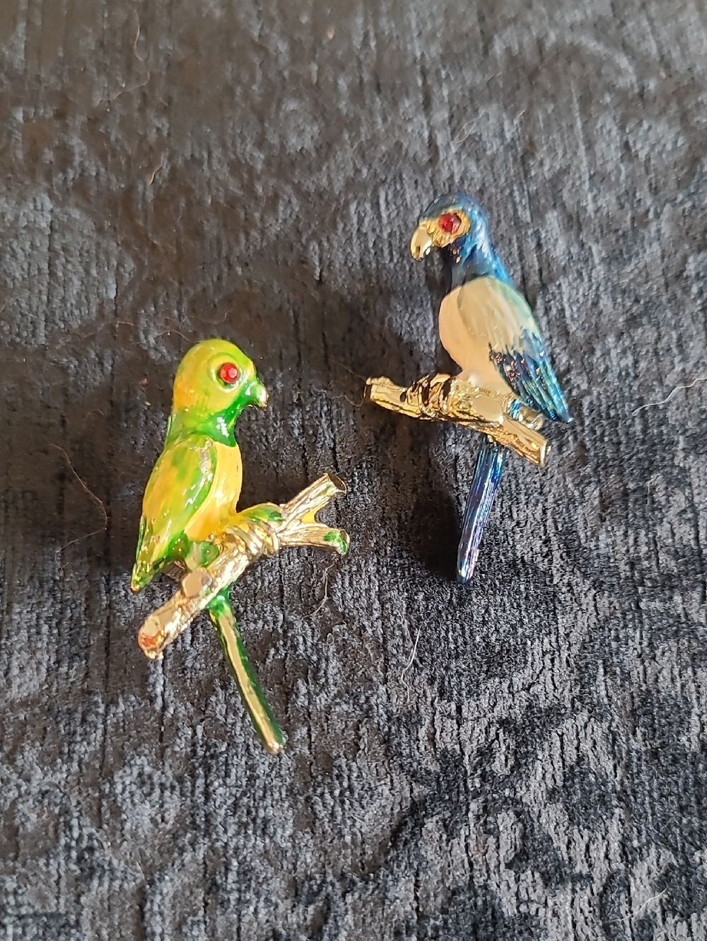Vintage Enamel Green And Blue Parrot Brooch Set